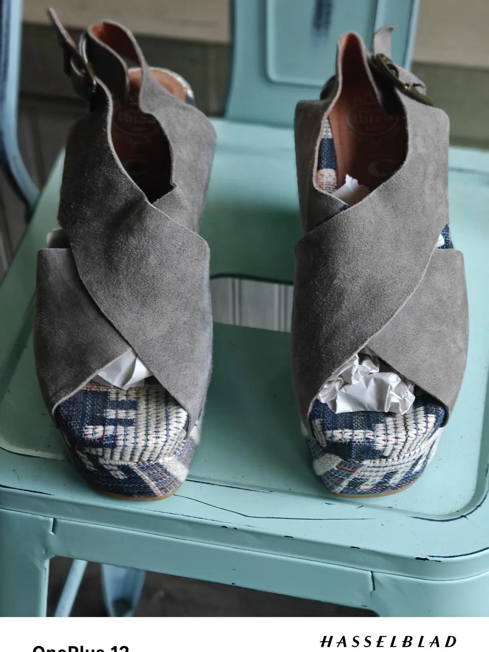 Gray Suede Crisscross Platform Sandals with Patterned Wedge